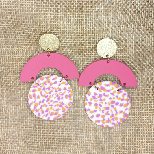 Pink orange arch with dotted white circle Polymer Clay earrings