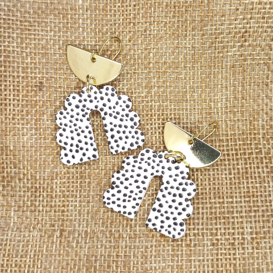 Small dangly gold and white speckled earrings Polymer Clay earrings