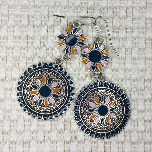 Navy flowery circle Boho earrings