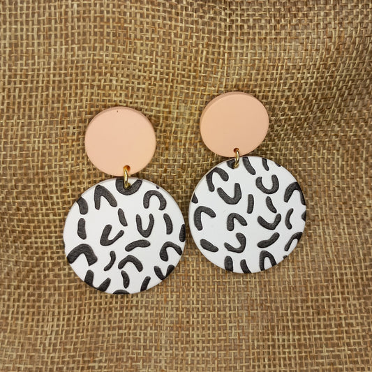 Pink and white with black pattern Polymer clay earrings