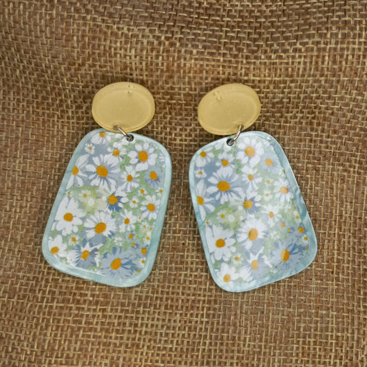 Soft baby blue with white daisies Polymer clay earrings