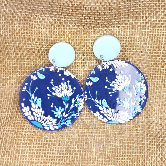 Floral navy with white flowers Polymer clay earrings