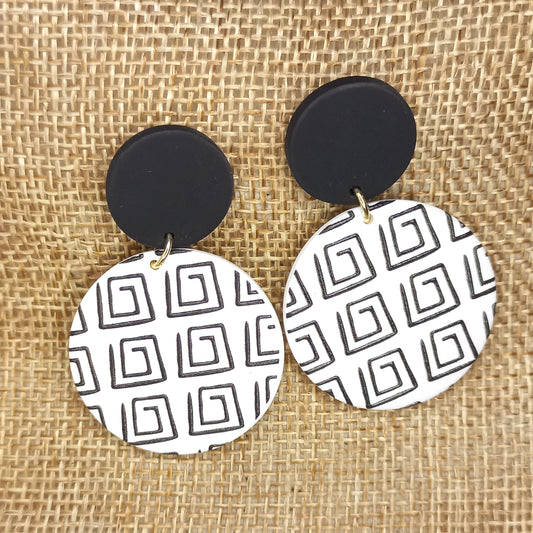 White circles with black patterns Polymer clay earrings