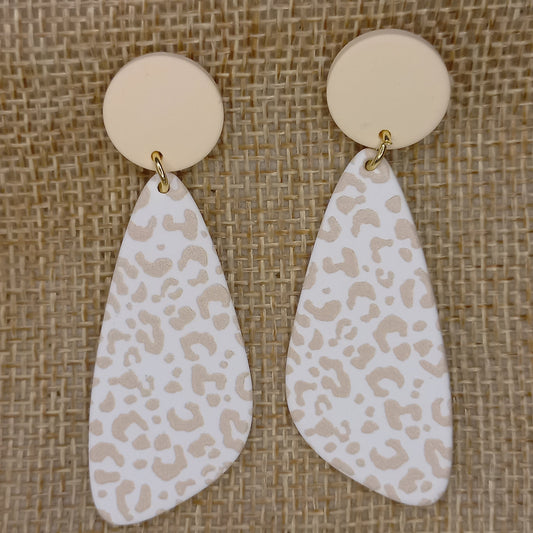 White triangular beige animal print Polymer clay earrings