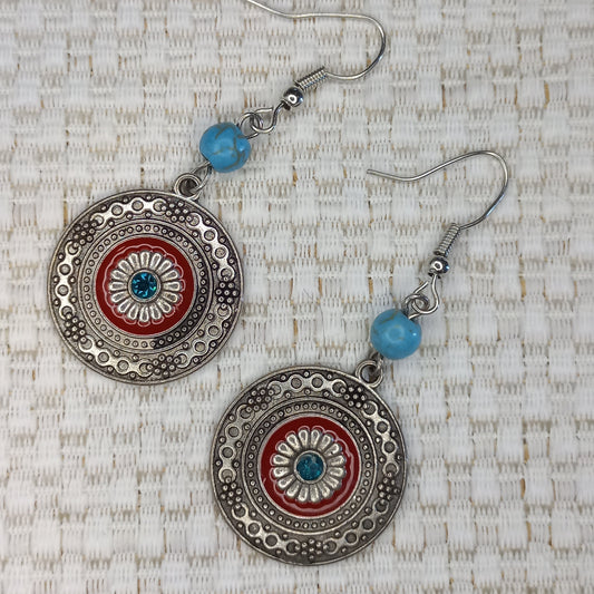 Red and blue circle Boho earrings