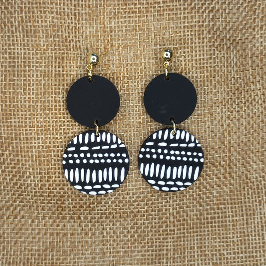 Black and white round tribal polymer clay earrings