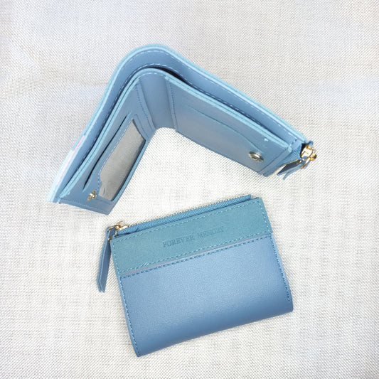 Grey blue wallet with pockets for cards, cash and coins